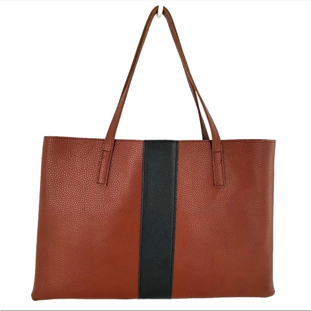 NEW Vince Camuto LUCK Brown & Black Pebbled Vegan Leather Tote Bag Business